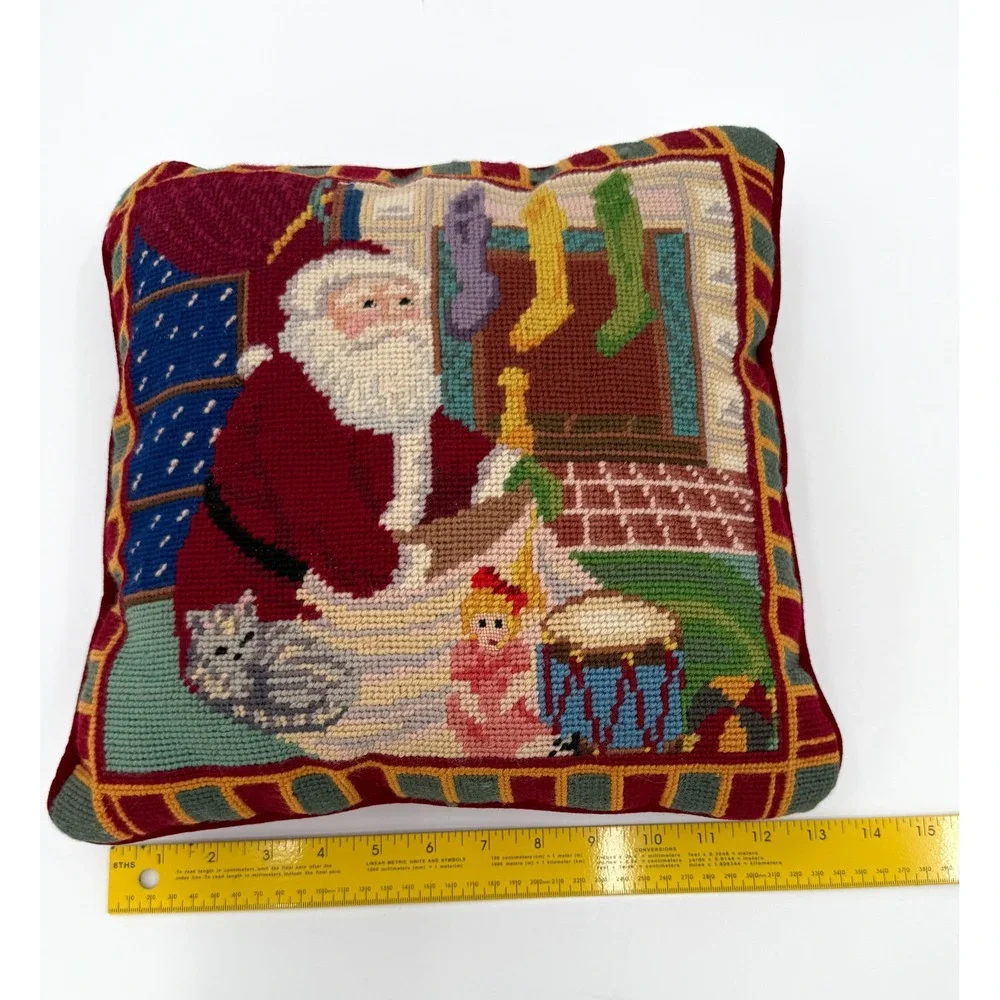 Christmas Needlepoint Throw Pillow Santa Toys Stockings‎ Red Wool Velvet